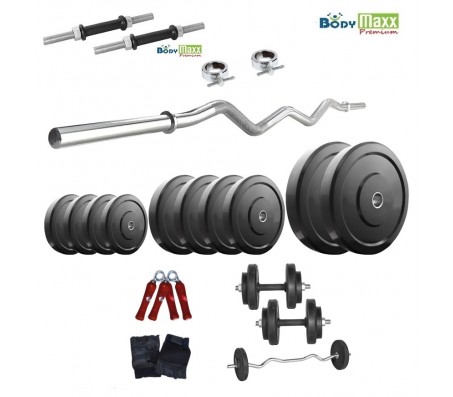 40 Kg Body Maxx Home Gym Rubber Weight Plates + 3Ft Curl Rod + Gloves + Dumbells + Gripper